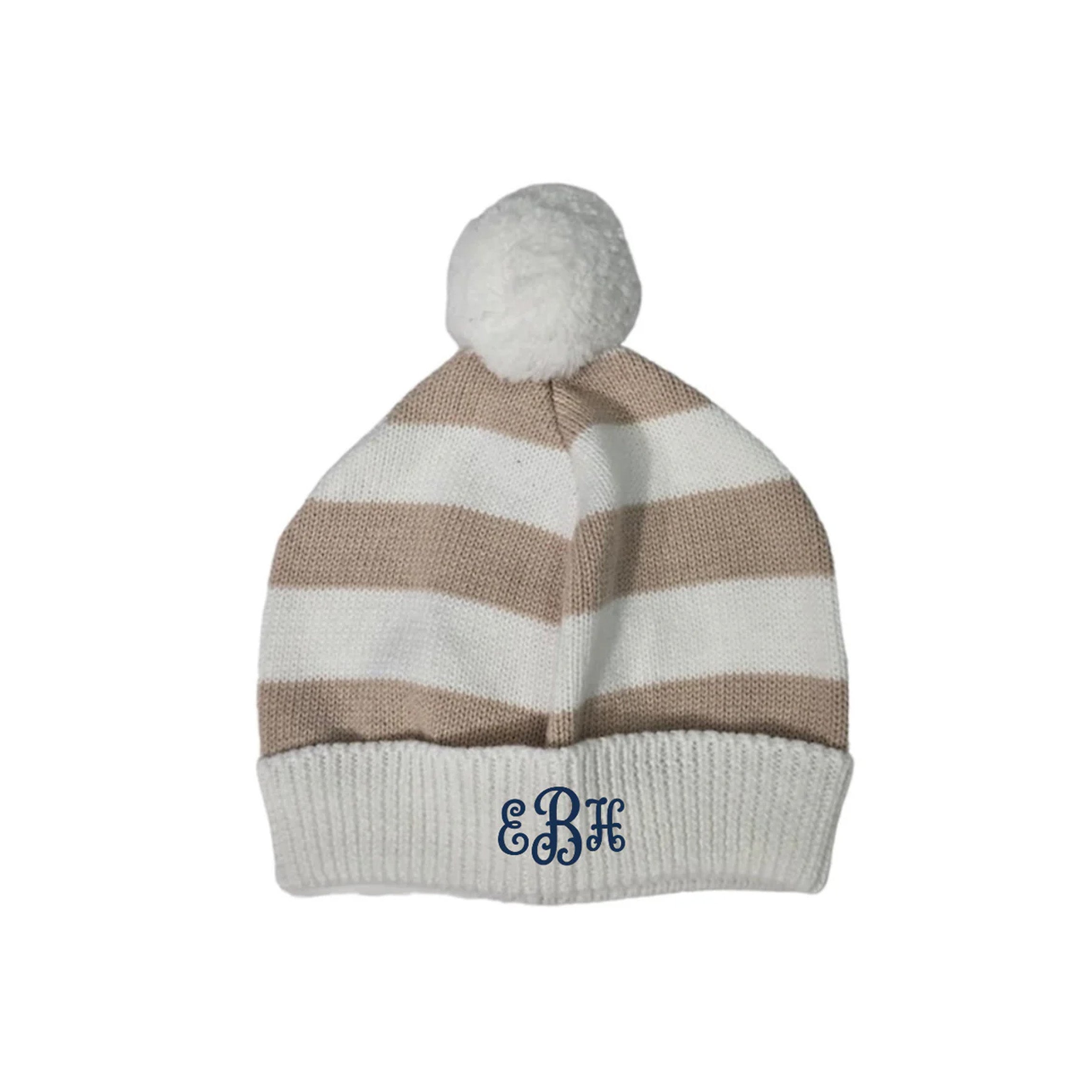 Cotton Striped Hat with Pom Pom in White & Oatmeal