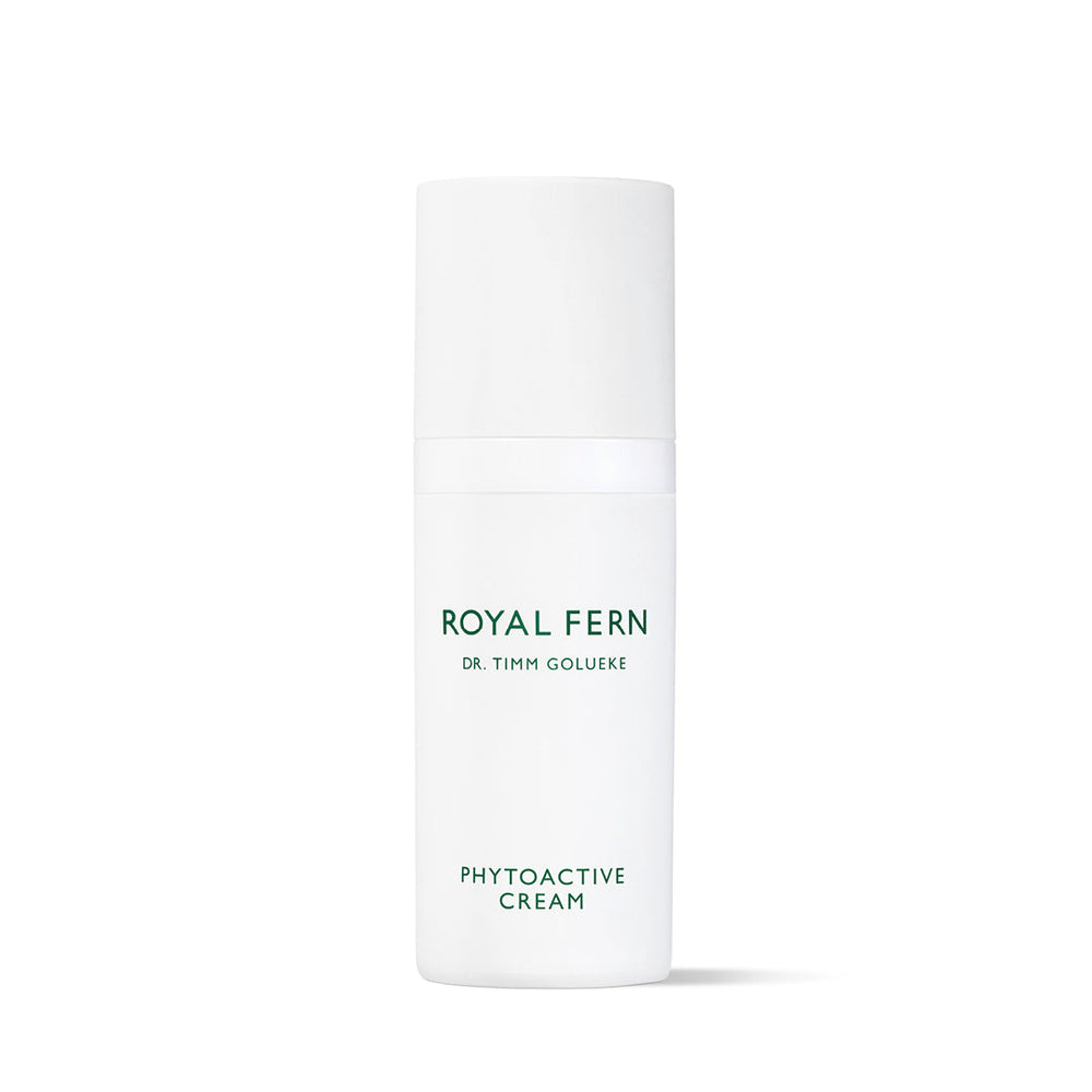Front view of Phytoactive Cream pump bottle showcasing white packaging and green Royal Fern logo on white background