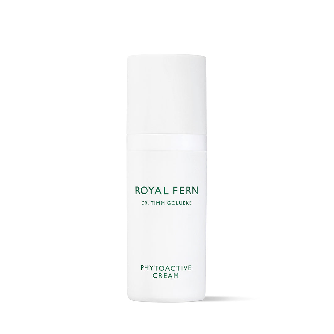 Front view of Phytoactive Cream pump bottle showcasing white packaging and green Royal Fern logo on white background