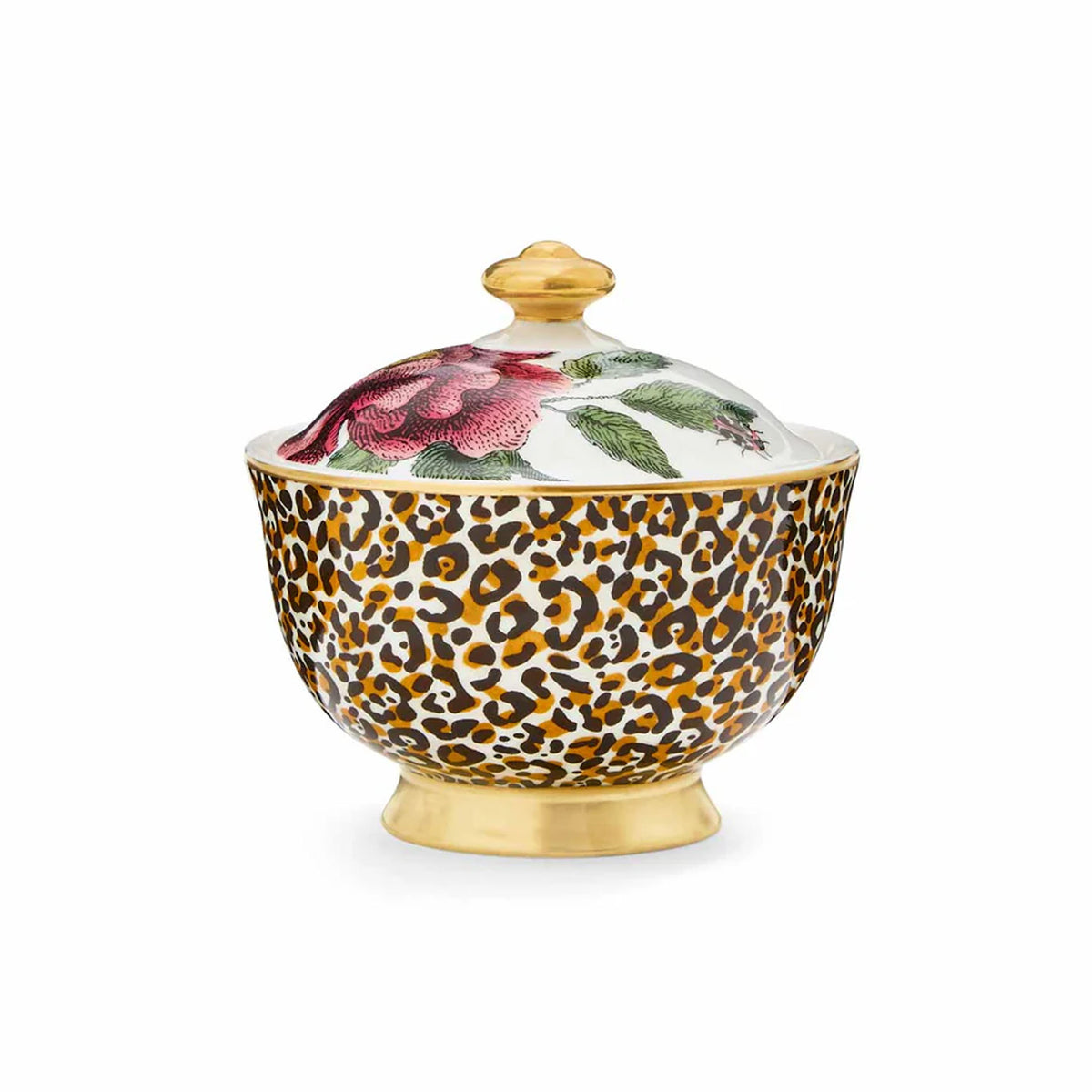 Front view of Creatures of Curiosity 7 Oz Sugar bowl showcasing leopard print, floral lid, and 22-karat gold accents on white