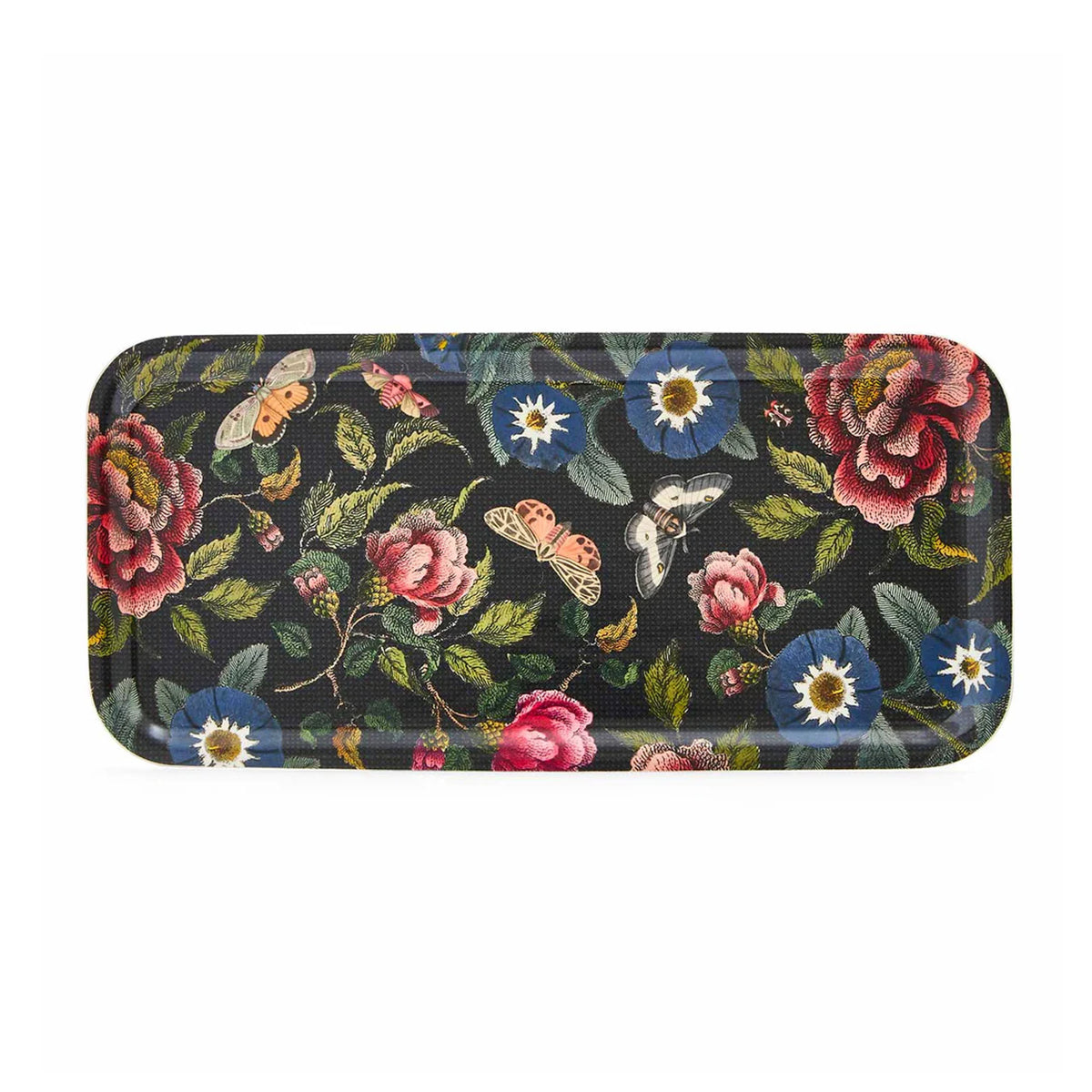 Top view of Creatures of Curiosity Long Birch Tray showcasing dark floral print with white background