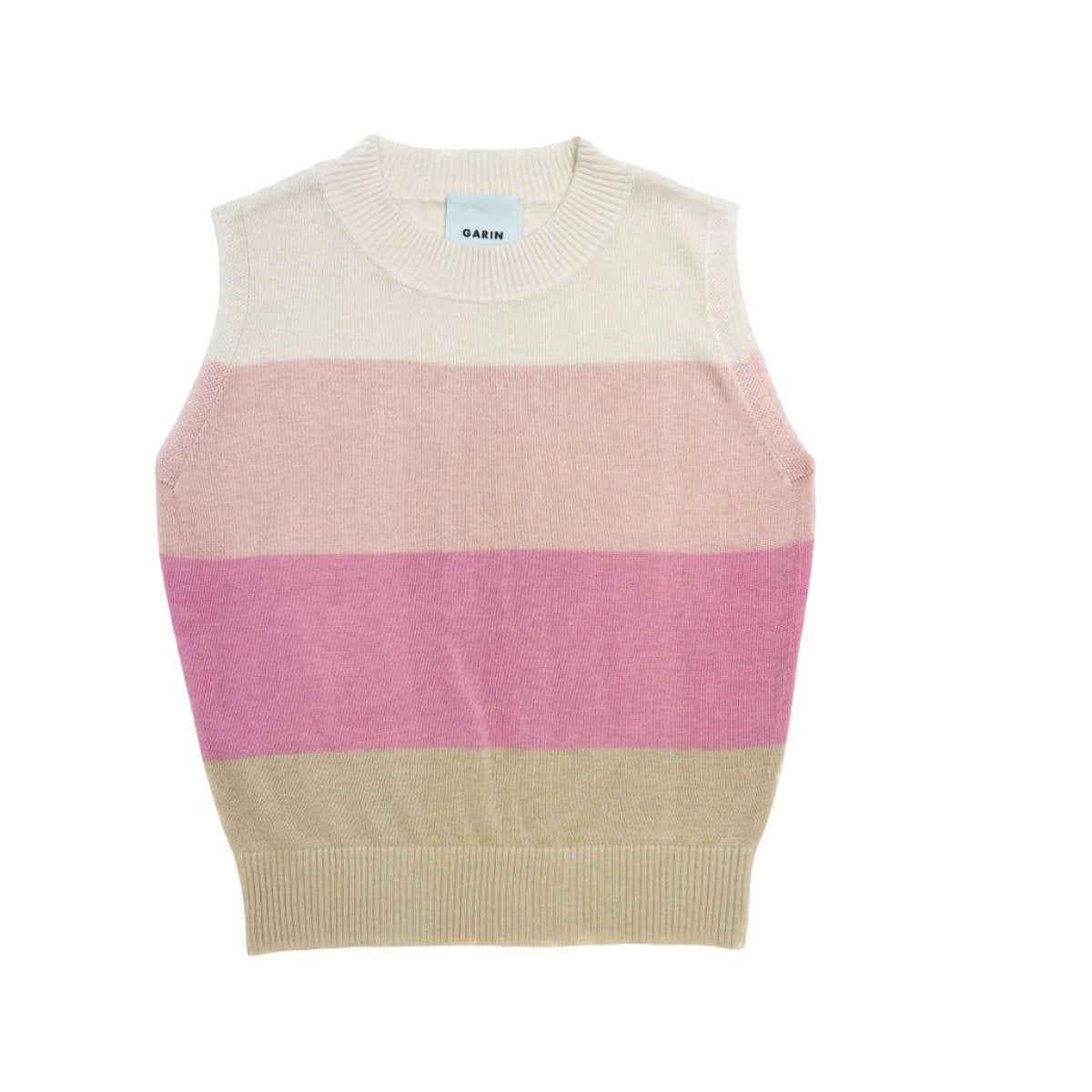 Front view of Crewneck Tank Pink Stripe showcasing horizontal pink, cream, and beige stripes on a white background