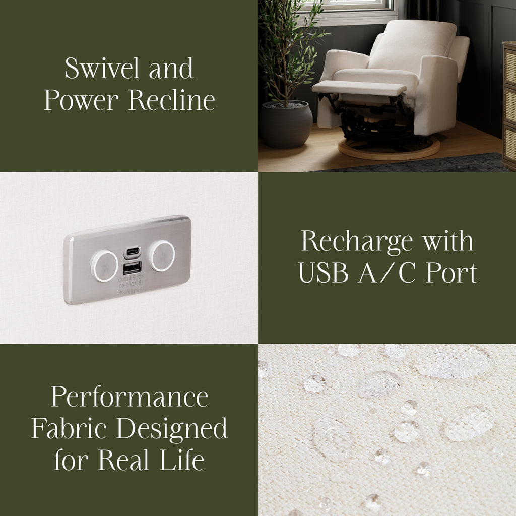 Crewe Electronic Recliner and Swivel Glider in Fog Chatham Stripe Performance Eco-Weave with Light Wood Base