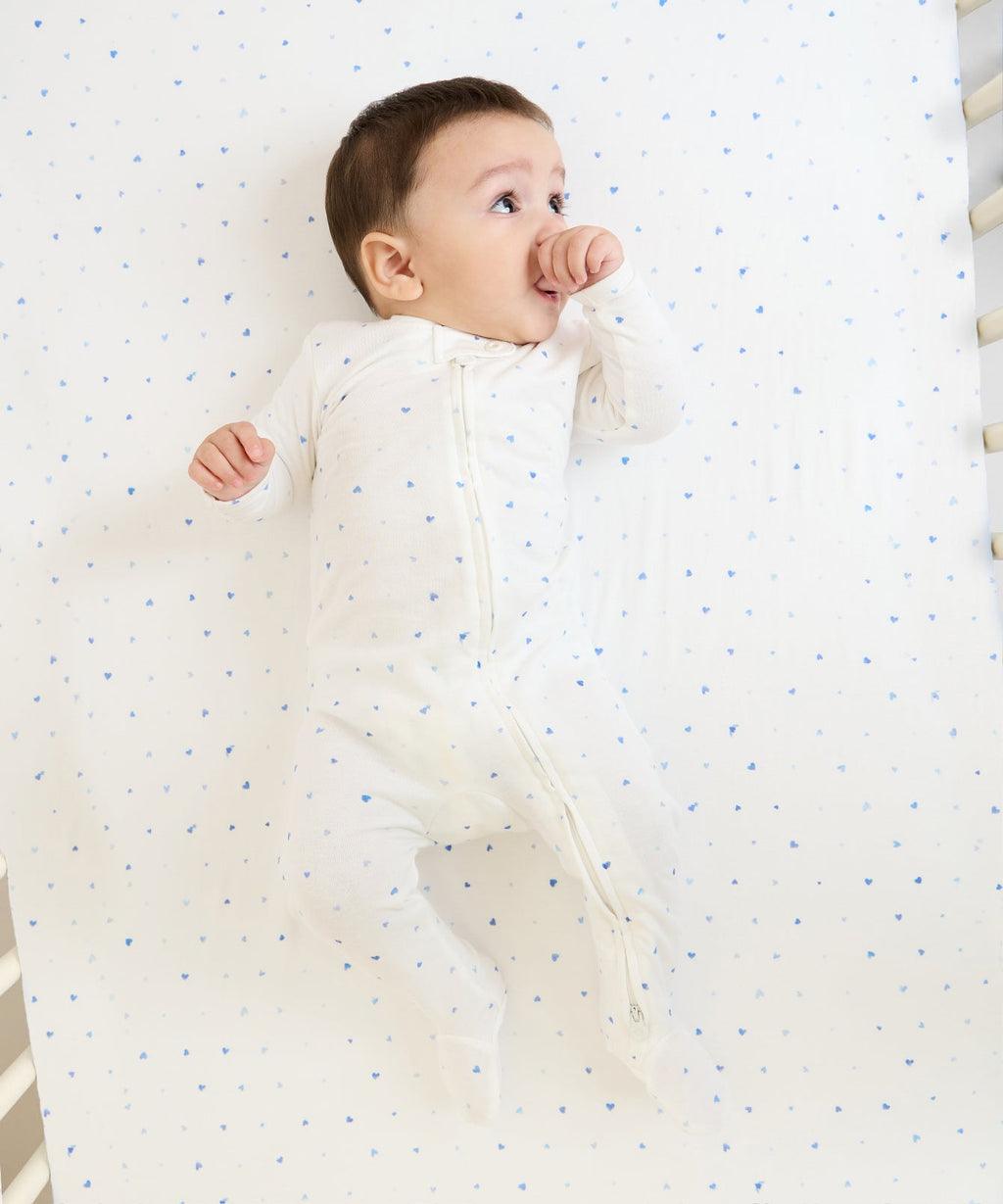 Crib Sheet in Blue Hearts