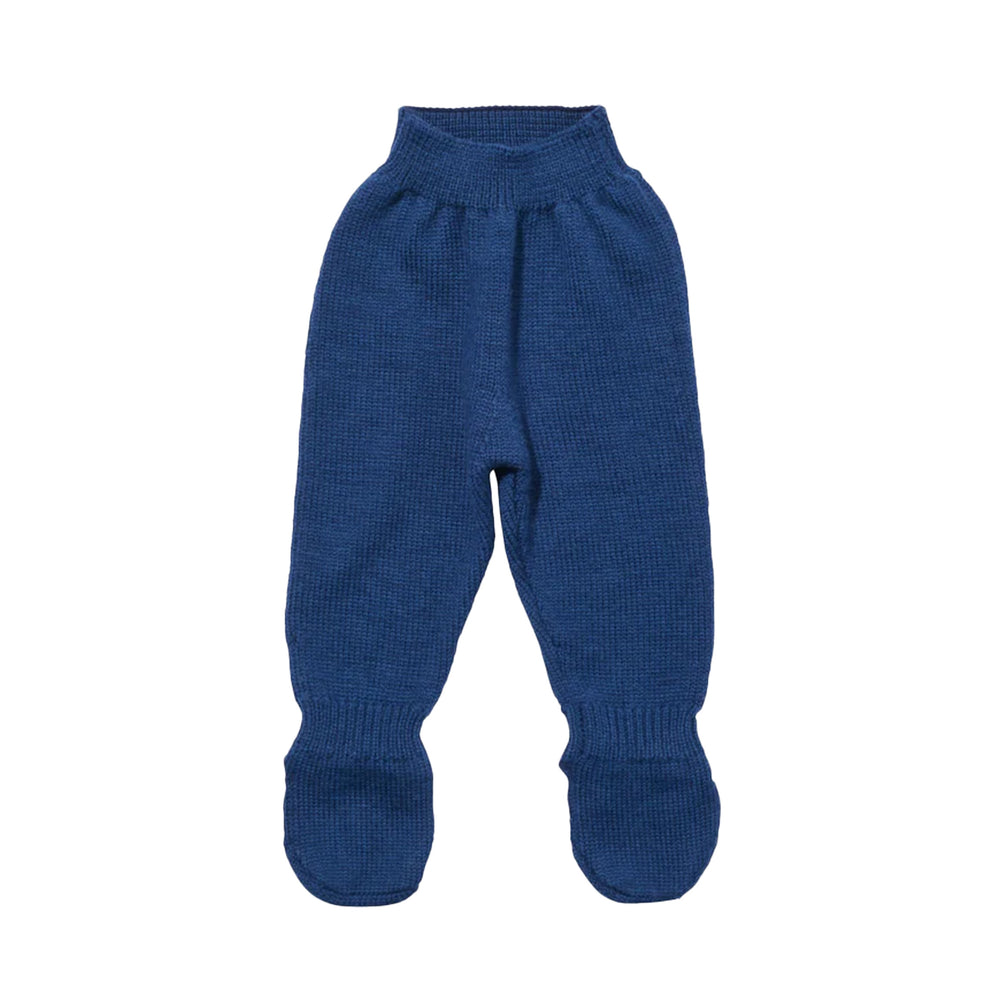 Front view of Crissy Baby Pant in navy showing ribbed waistband and built-in feet on white background