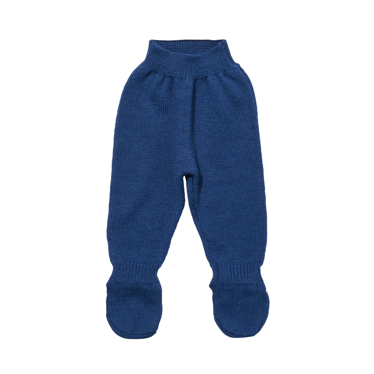 Front view of Crissy Baby Pant in navy showing ribbed waistband and built-in feet on white background