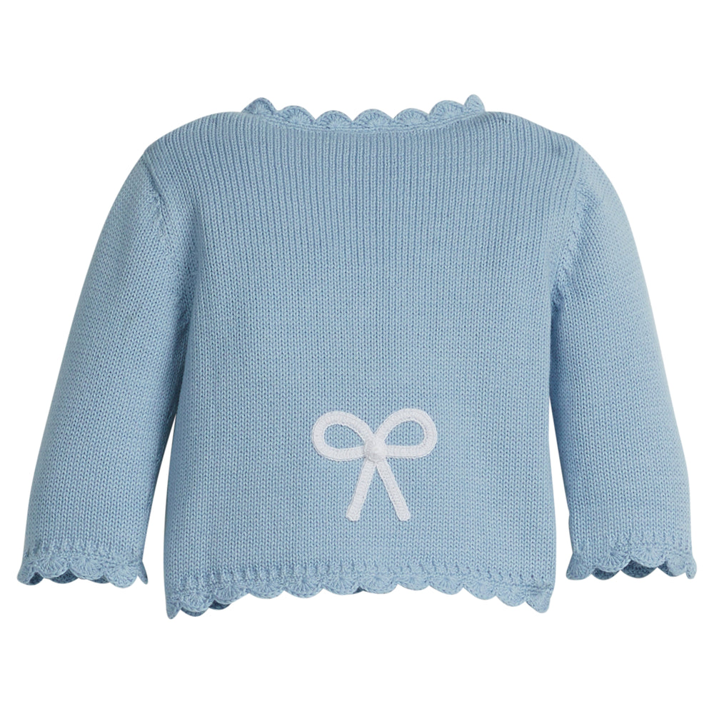 Little English traditional children's clothing.  Baby girl's blue with white bow crochet cardigan sweater for Spring.  Gift clothing for baby girl
