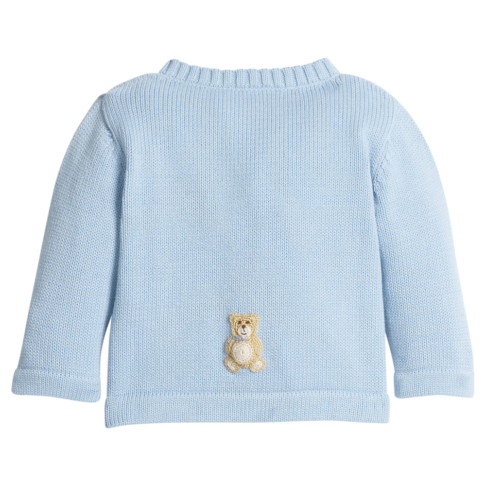 little english classic children's clothing baby boys light blue crochet cardigan with teddy bear motif 