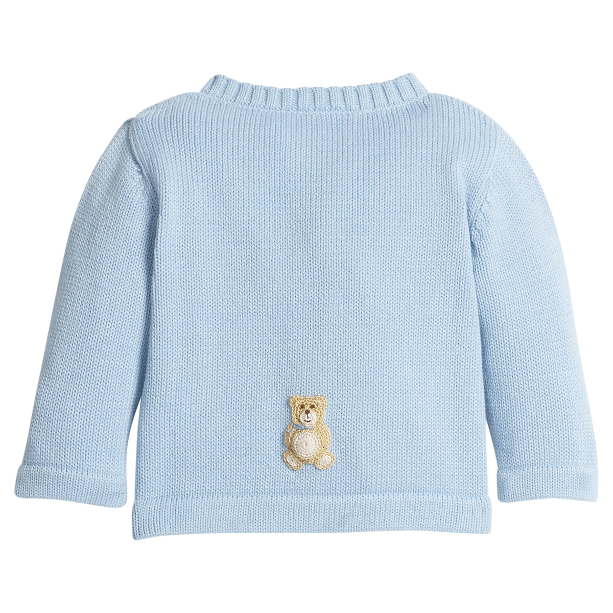 little english classic children's clothing baby boys light blue crochet cardigan with teddy bear motif 