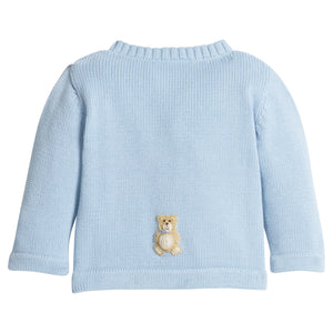 little english classic children's clothing baby boys light blue crochet cardigan with teddy bear motif 