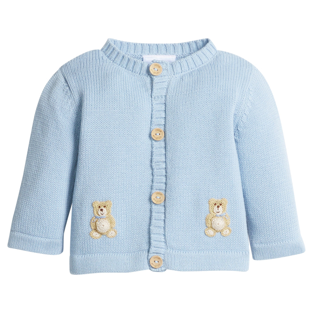 little english classic children's clothing baby boys light blue crochet cardigan with teddy bear motif 