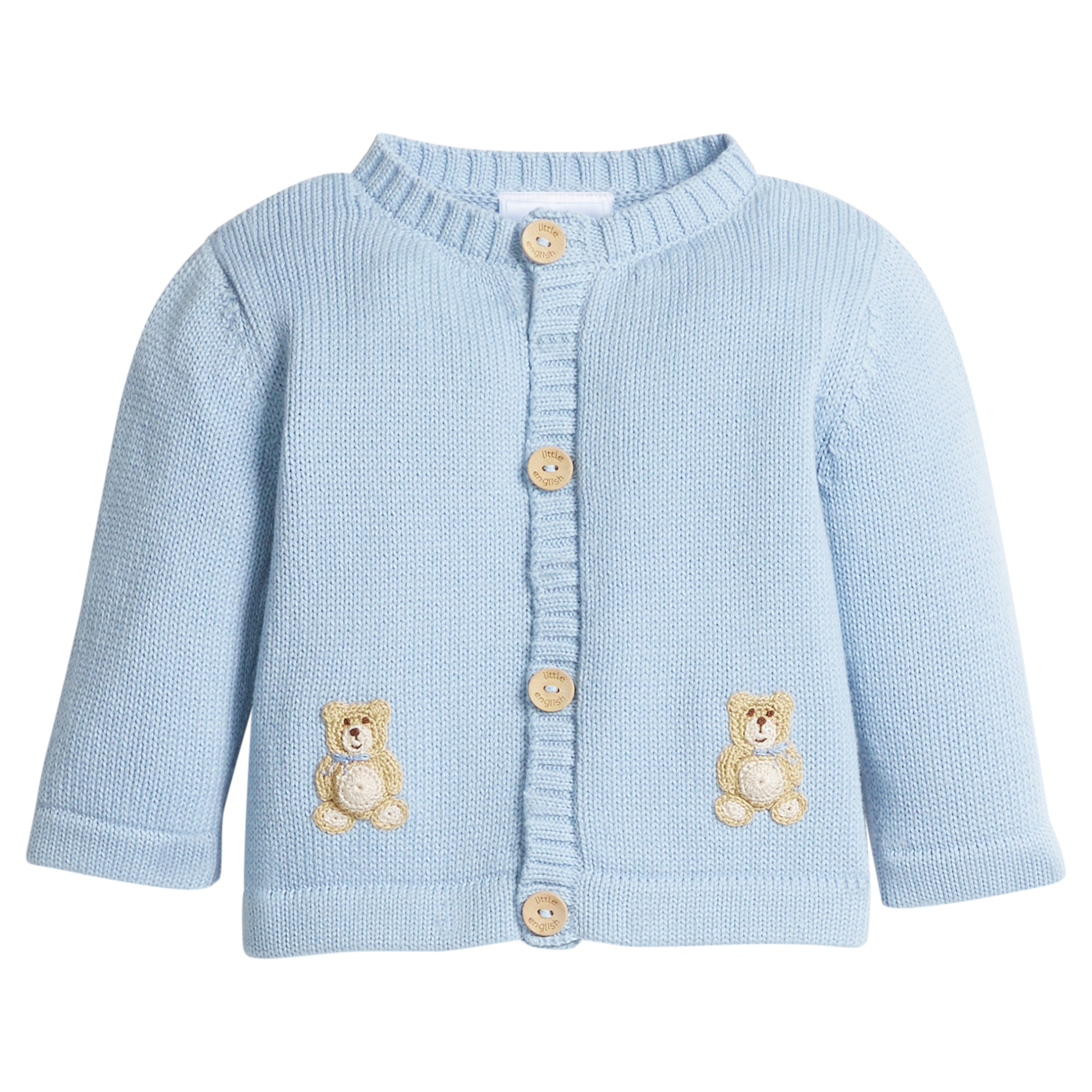 little english classic children's clothing baby boys light blue crochet cardigan with teddy bear motif 
