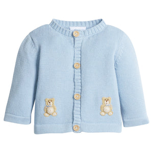 little english classic children's clothing baby boys light blue crochet cardigan with teddy bear motif 