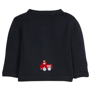 Little English classic baby clothes, signature navy cardigan with red fire trucks for baby boys