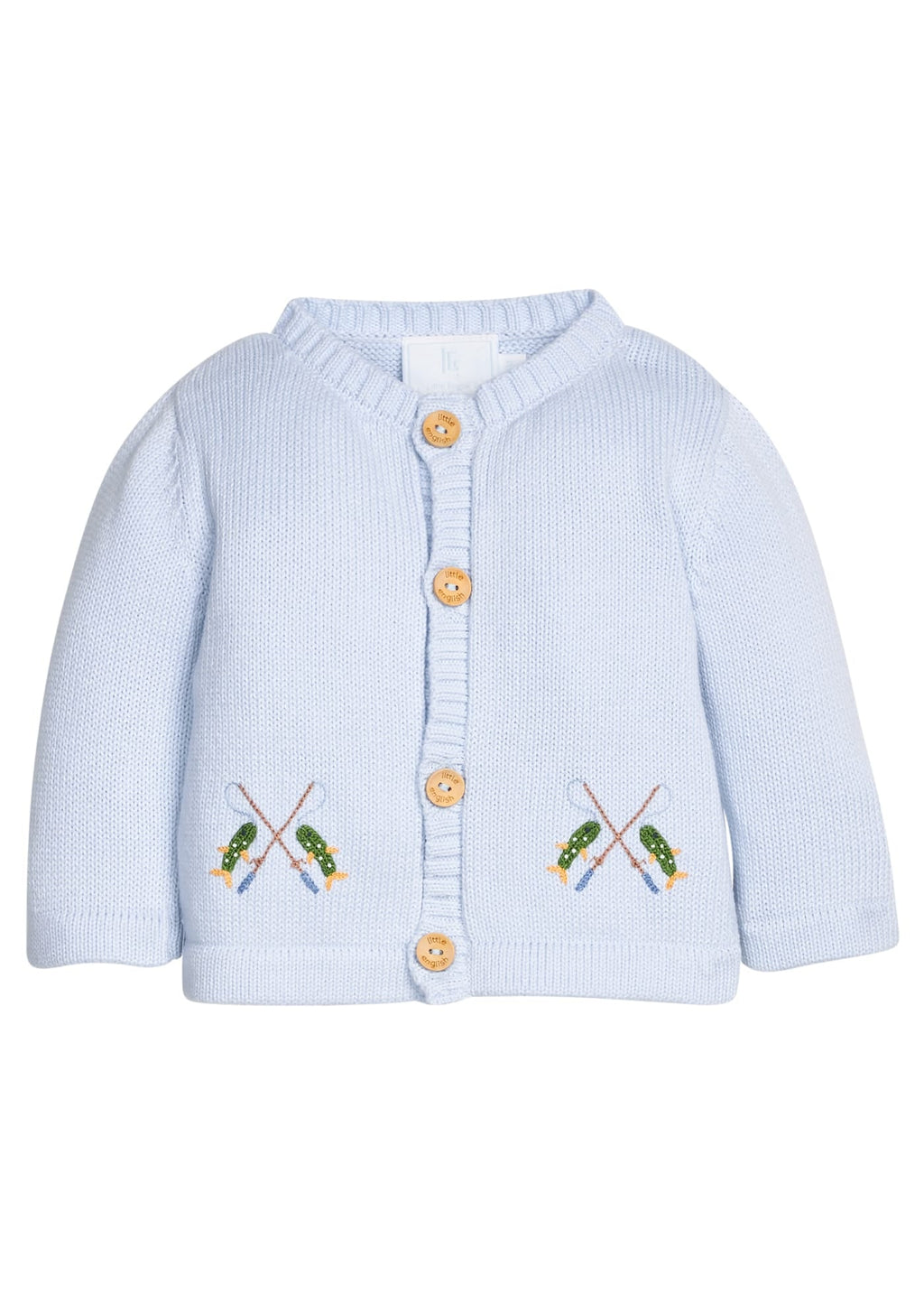 Little English traditional children's clothing.  Light blue cotton cardigan with crocheted fishing rods on either side and in back for baby boys