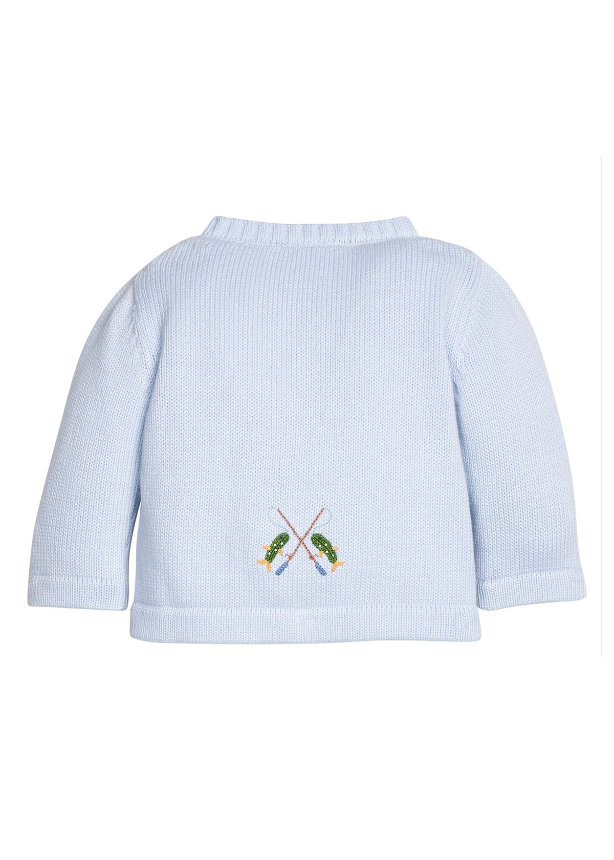 Little English traditional children's clothing.  Light blue cotton cardigan with crocheted fishing rods on either side and in back for baby boys