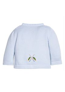 Little English traditional children's clothing.  Light blue cotton cardigan with crocheted fishing rods on either side and in back for baby boys