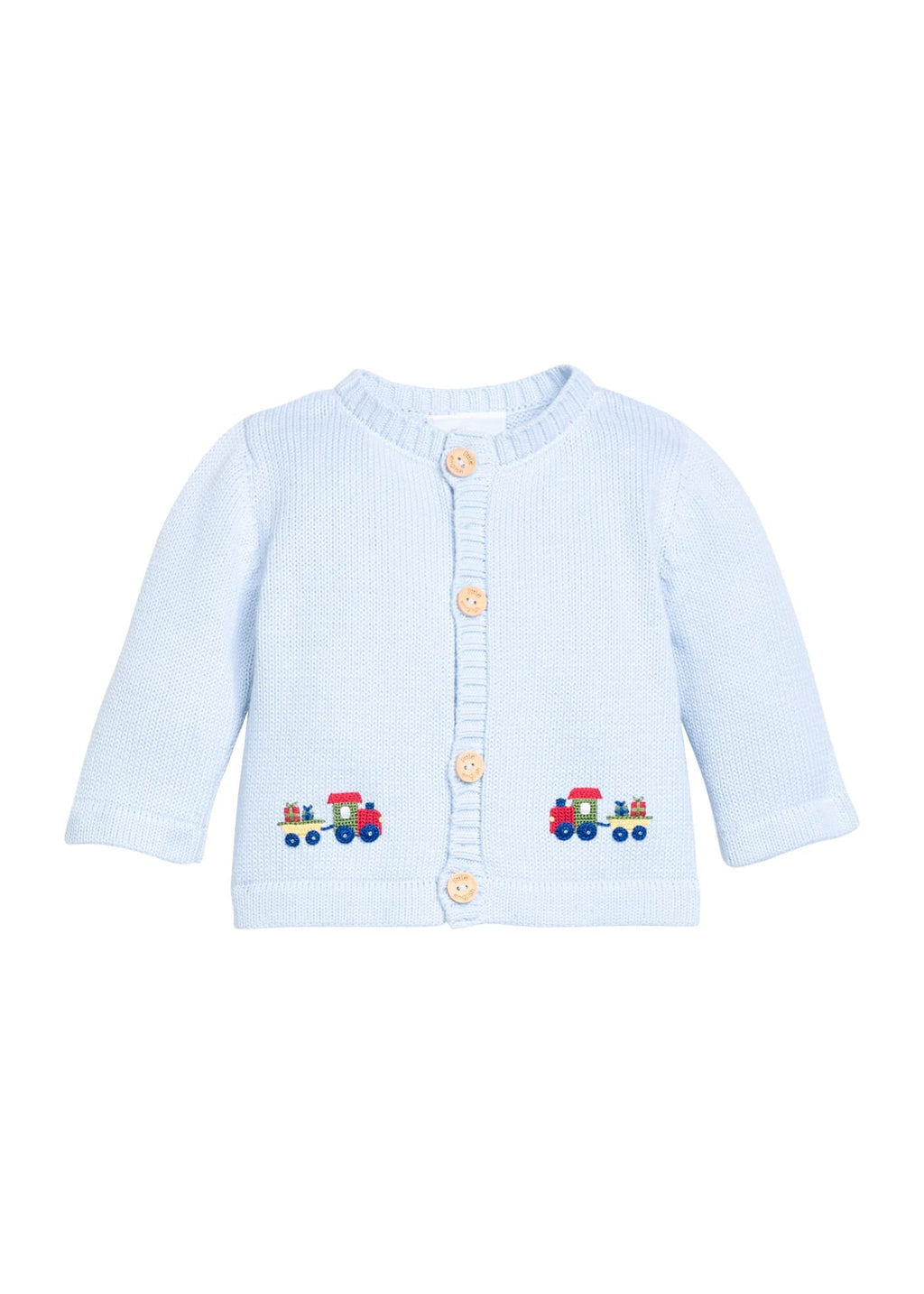 Little English traditional children's clothing.  Light blue cotton cardigan with crocheted holiday trains on either side and in back for baby boys. 