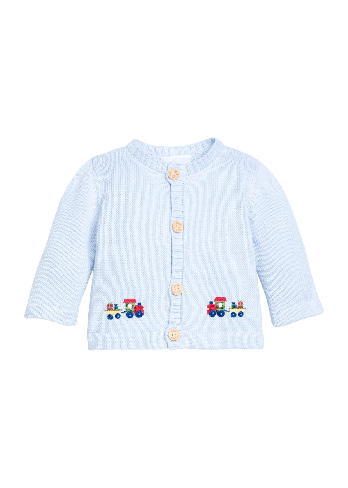 Little English traditional children's clothing.  Light blue cotton cardigan with crocheted holiday trains on either side and in back for baby boys. 