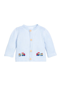 Little English traditional children's clothing.  Light blue cotton cardigan with crocheted holiday trains on either side and in back for baby boys. 