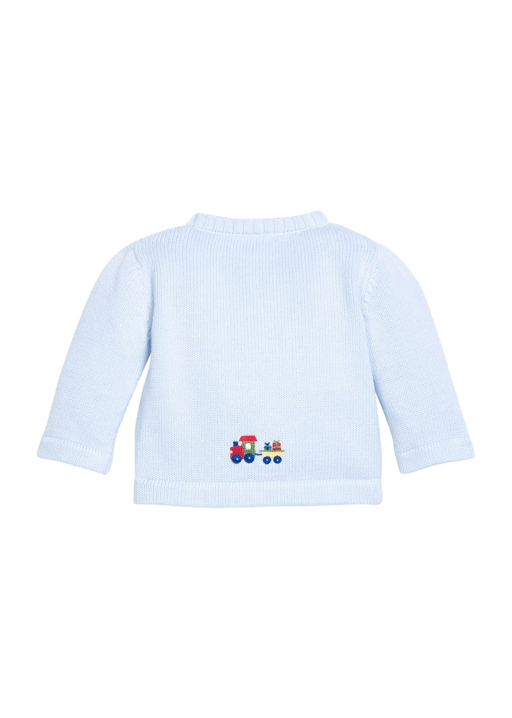 Little English traditional children's clothing.  Light blue cotton cardigan with crocheted holiday trains on either side and in back for baby boys. 