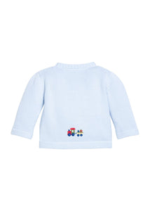 Little English traditional children's clothing.  Light blue cotton cardigan with crocheted holiday trains on either side and in back for baby boys. 