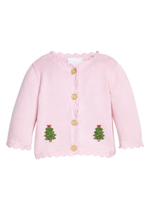 Little English traditional children's clothing.  Light pink cotton cardigan with crocheted christmas trees on either side and in back for baby girls. 