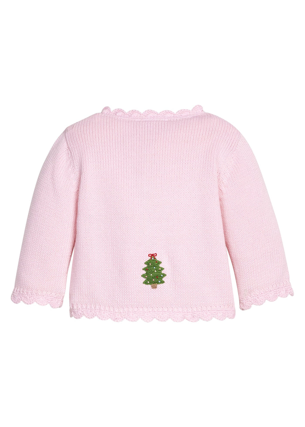 Little English traditional children's clothing.  Light pink cotton cardigan with crocheted christmas trees on either side and in back for baby girls. 