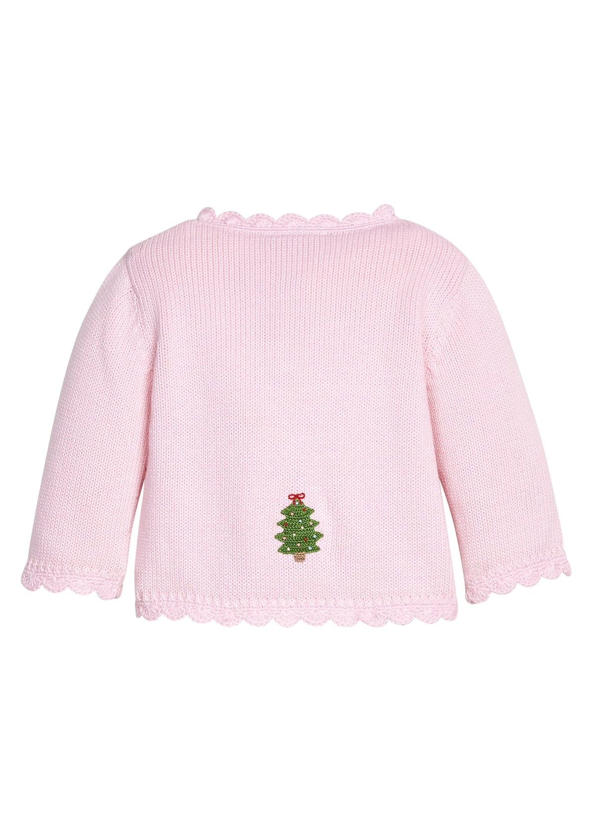Little English traditional children's clothing.  Light pink cotton cardigan with crocheted christmas trees on either side and in back for baby girls. 
