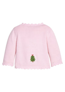 Little English traditional children's clothing.  Light pink cotton cardigan with crocheted christmas trees on either side and in back for baby girls. 
