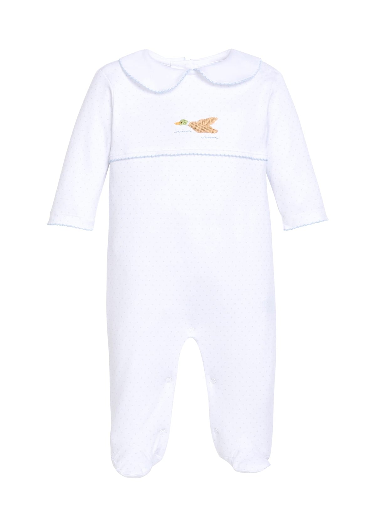 Little English traditional children's clothing.  White pima cotton footie with peter pan collar, light blue polkadots and picot trim, and crocheted flying mallard at center of chest