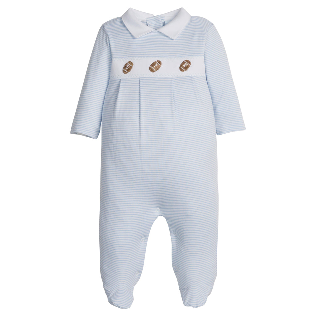 little english classic children's clothing light blue and white striped footie for baby boys with football motif for fall 