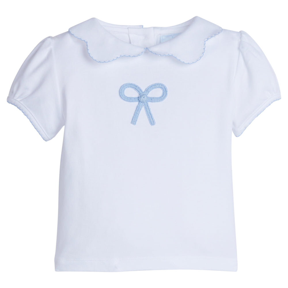 Little English traditional children's clothing.  Toddler girl's white short-sleeve peter pan blouse with crochet blue bow for Spring