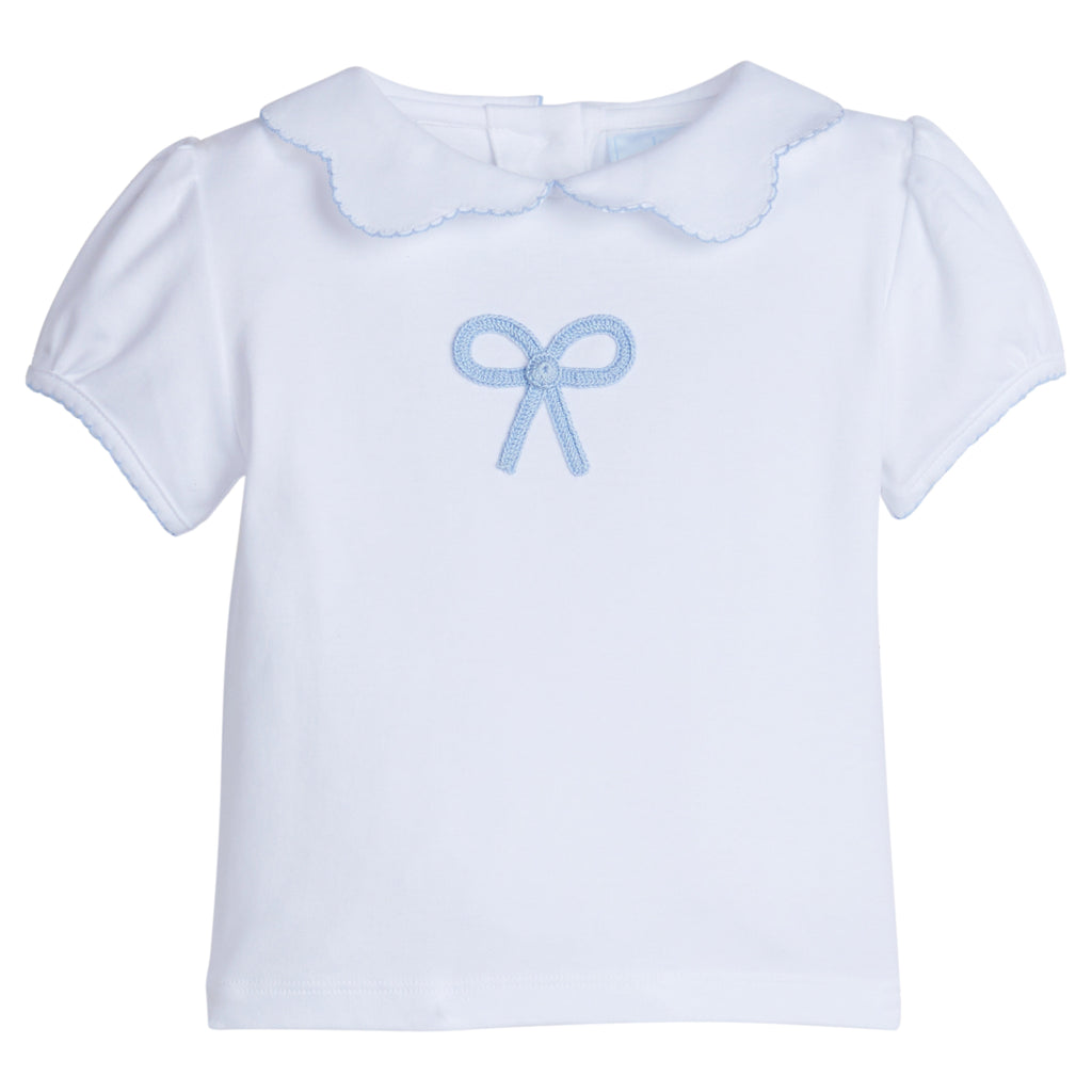 Little English traditional children's clothing.  Toddler girl's white short-sleeve peter pan blouse with crochet blue bow for Spring