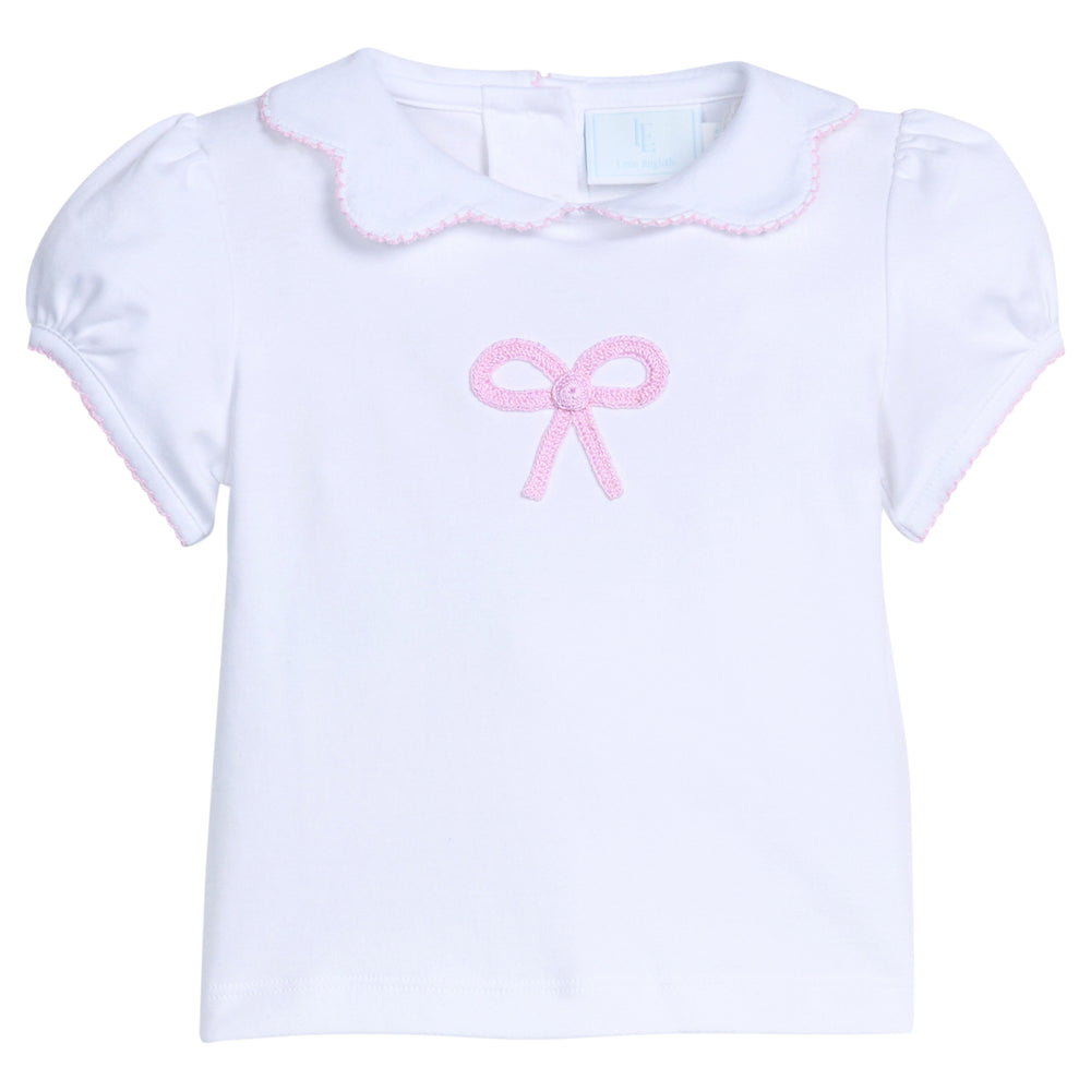 Little English traditional children's clothing .  White knit peter pan blouse with scallop collar and pink bow crochet for little girls.  Gift clothing for baby girls
