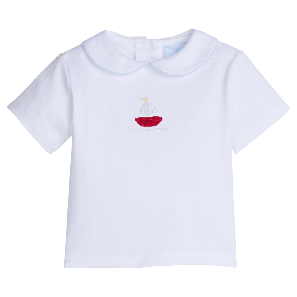 Little English traditional children's clothing.  Toddler boy's white knit peter pan shirt with sailboat crochet for Spring.  Gift clothing for toddler boy