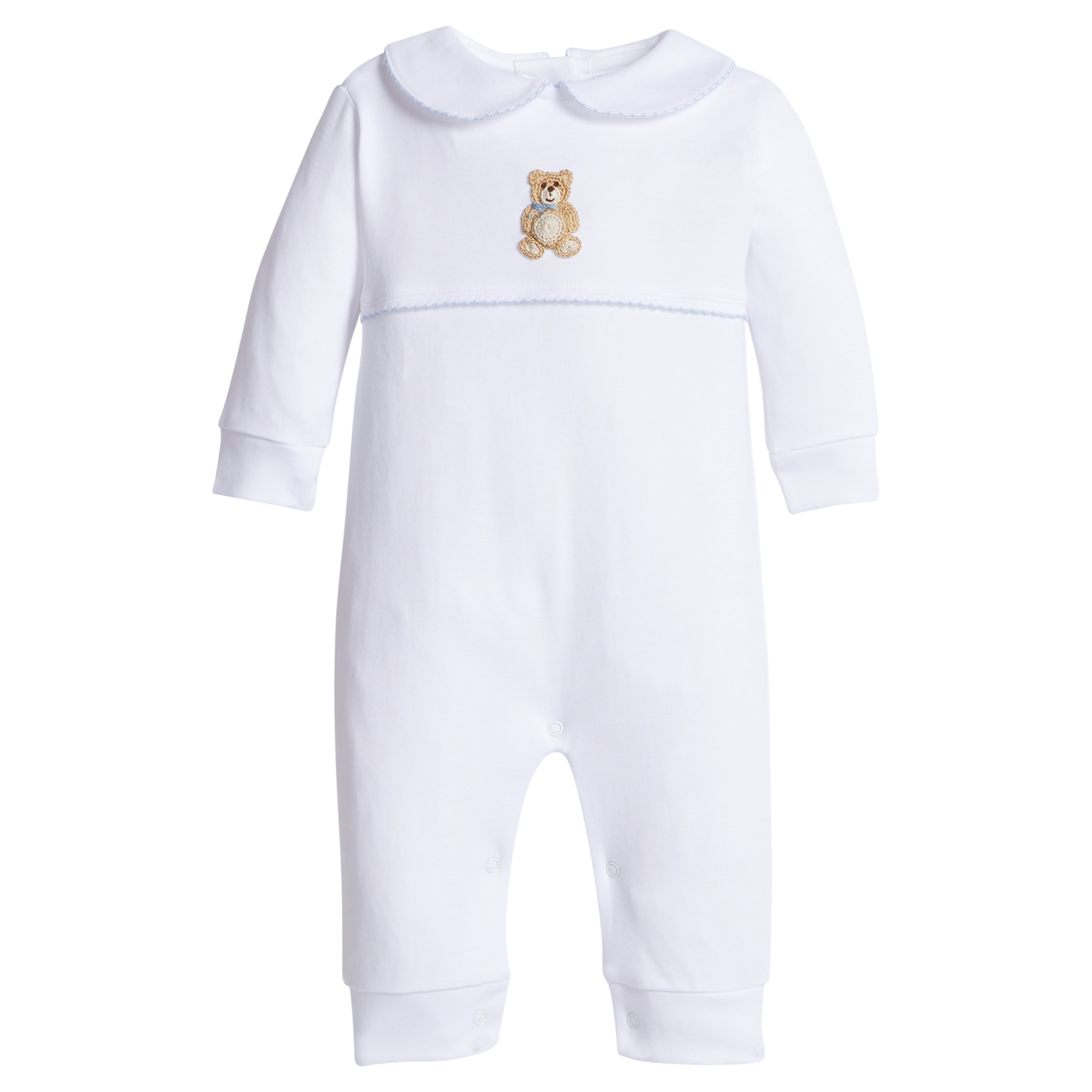 little english classic children's clothing baby boys white playsuit with crochet teddy bear and peter pan collar with light blue details 