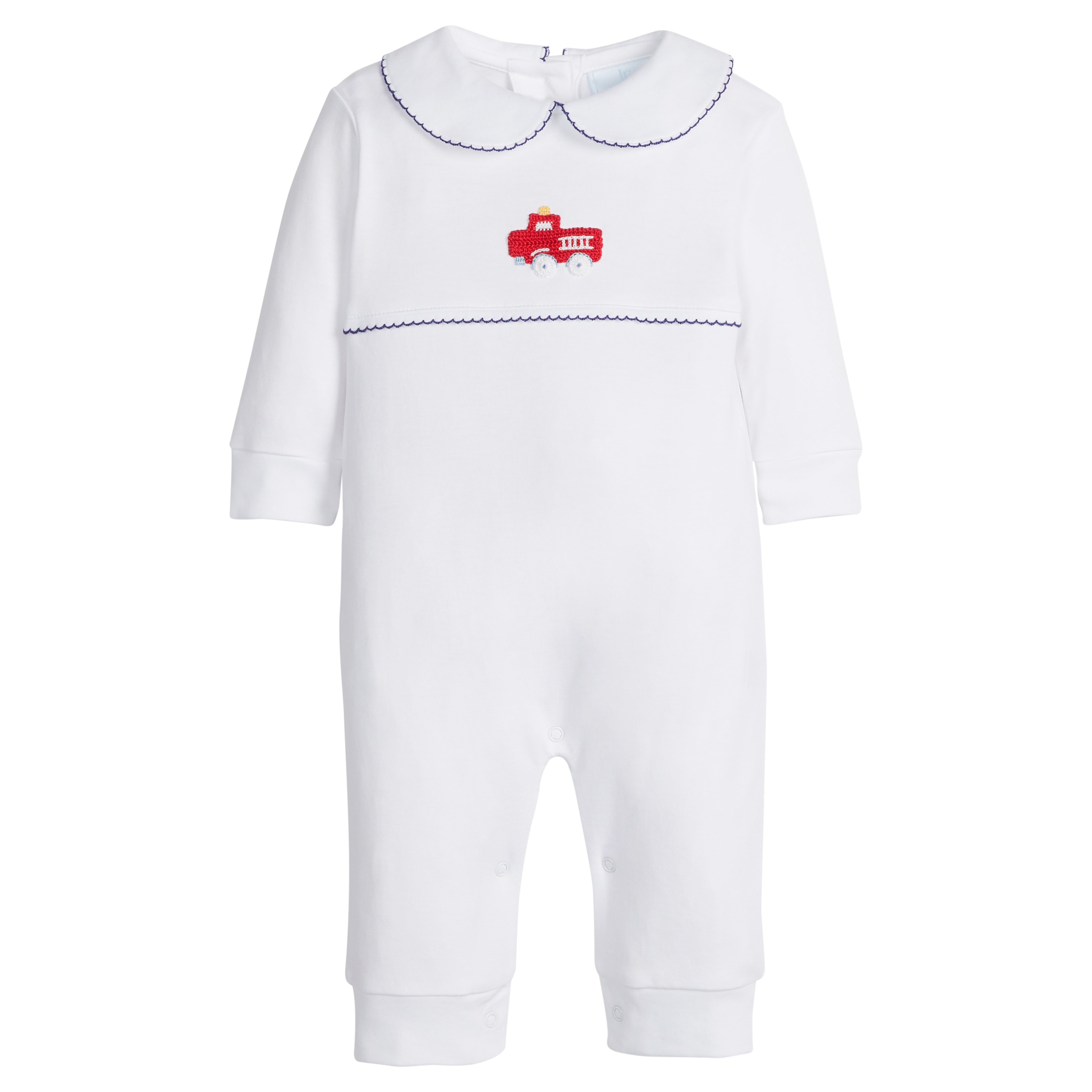 little english classic children's clothing boys white playsuit with red crochet firetruck and navy picot trim 