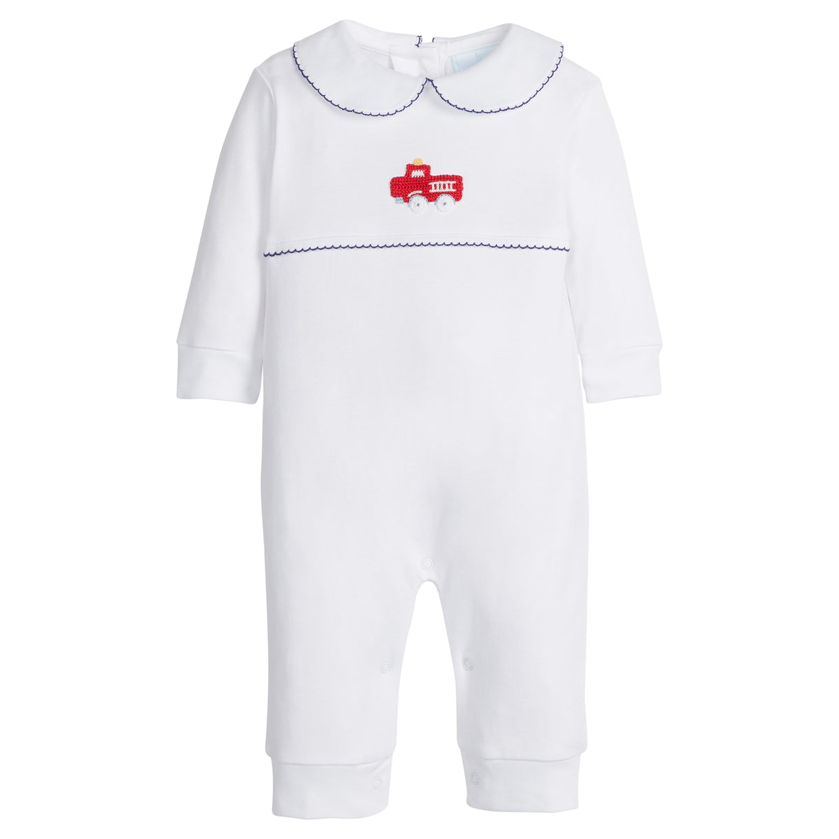 little english classic children's clothing boys white playsuit with red crochet firetruck and navy picot trim 