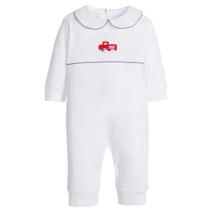 little english classic children's clothing boys white playsuit with red crochet firetruck and navy picot trim 