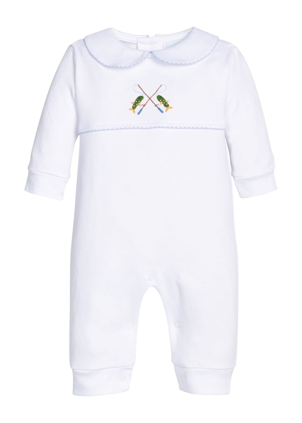 Little English traditional children's clothing.  White pima cotton playsuit with peter pan collar, light blue picot trim, and crocheted fishing rod at center of chest