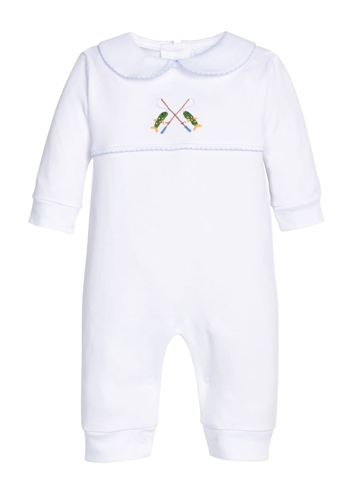 Little English traditional children's clothing.  White pima cotton playsuit with peter pan collar, light blue picot trim, and crocheted fishing rod at center of chest