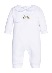 Little English traditional children's clothing.  White pima cotton playsuit with peter pan collar, light blue picot trim, and crocheted fishing rod at center of chest