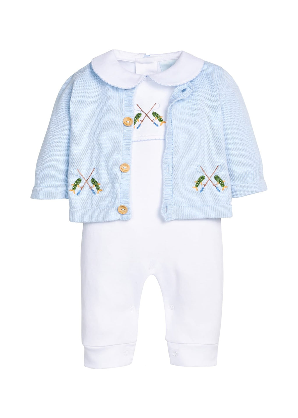 Little English traditional children's clothing.  Light blue cotton cardigan with crocheted fishing rods on either side and in back for baby boys