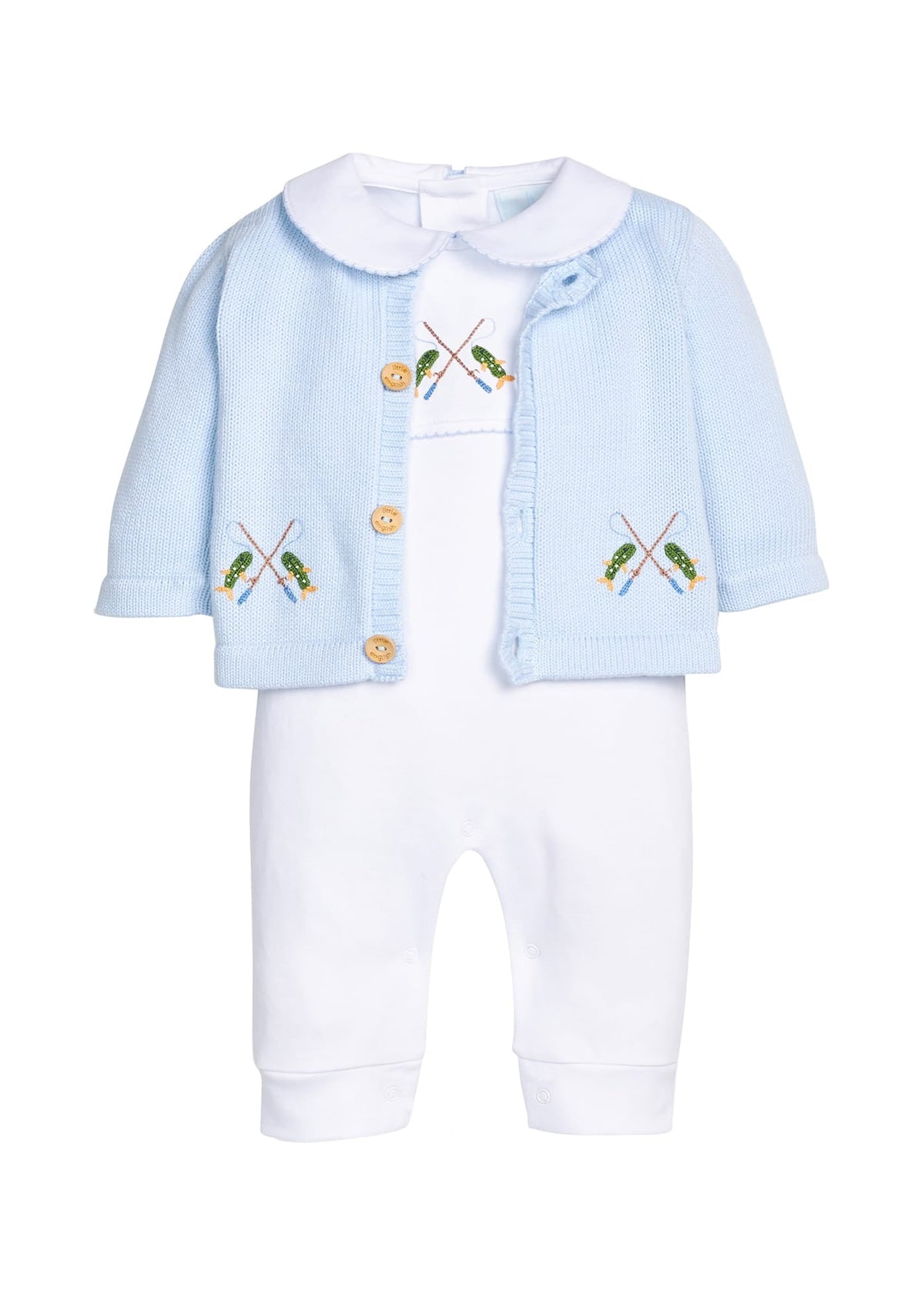 Little English traditional children's clothing.  Light blue cotton cardigan with crocheted fishing rods on either side and in back for baby boys