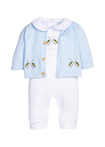 Little English traditional children's clothing.  Light blue cotton cardigan with crocheted fishing rods on either side and in back for baby boys