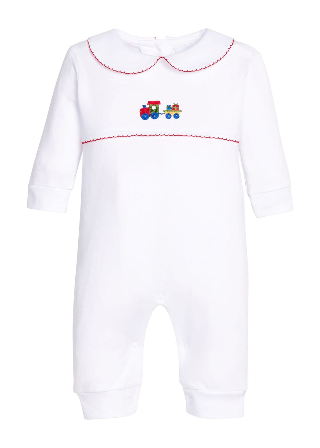 Little English traditional children's clothing.  White pima cotton playsuit with peter pan collar, red picot trim, and crocheted holiday train at center of chest
