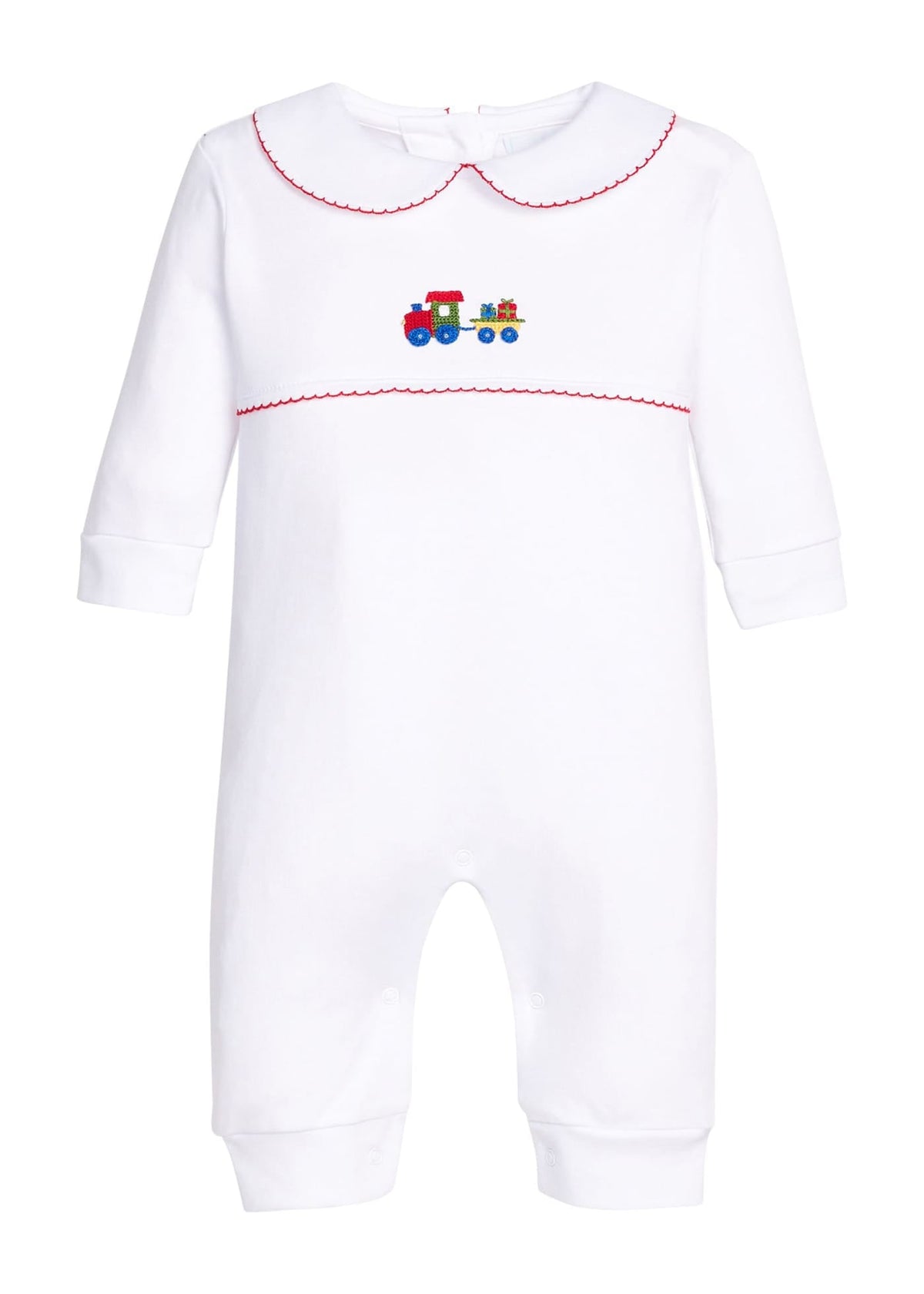 Little English traditional children's clothing.  White pima cotton playsuit with peter pan collar, red picot trim, and crocheted holiday train at center of chest