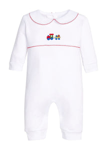Little English traditional children's clothing.  White pima cotton playsuit with peter pan collar, red picot trim, and crocheted holiday train at center of chest