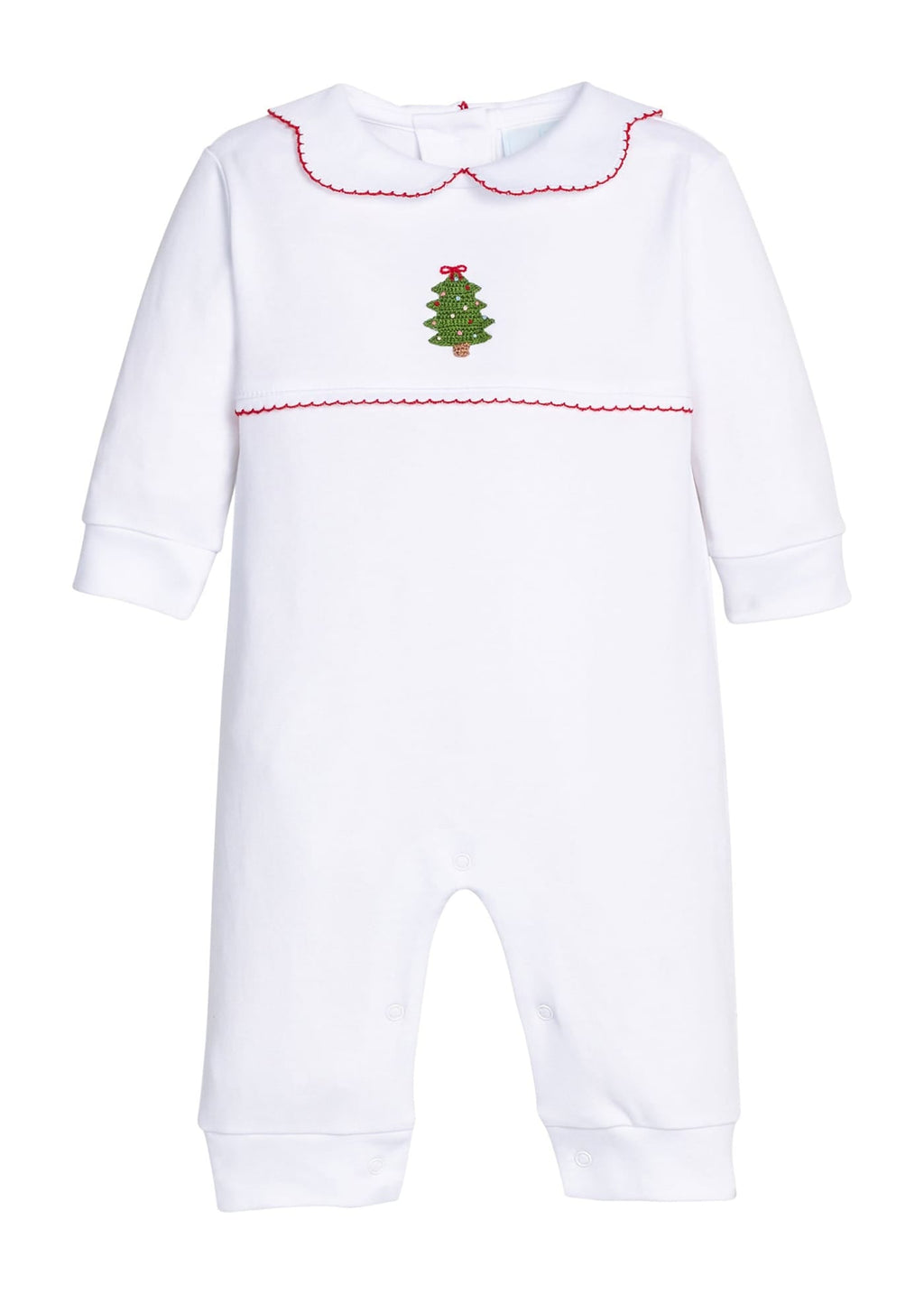 Little English traditional children's clothing.  White pima cotton playsuit with red picot trim, scalloped collar, and crochet christmas tree at center chest